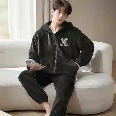 小情歌 家居服睡衣 珊瑚绒保暖睡衣男秋冬家居服男冬季长袖长裤男士连帽小熊耳朵家居套装 男款 黑色