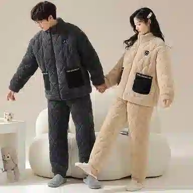 小情歌 暖洋洋的加厚珊瑚绒三层夹棉保暖睡衣男秋冬家居服男冬季长袖长裤男士女士高领超厚可外穿家居套装 情侣款 卡其色+黑色