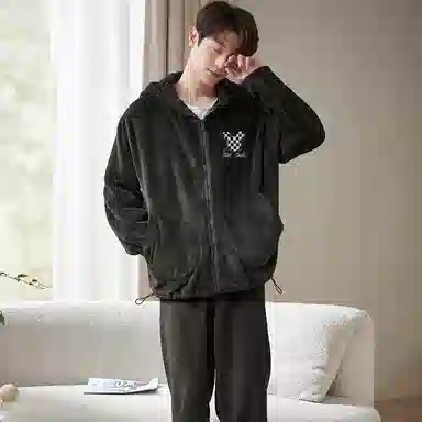 小情歌 家居服睡衣 珊瑚绒保暖睡衣男秋冬家居服男冬季长袖长裤男士连帽小熊耳朵家居套装 男款 黑色