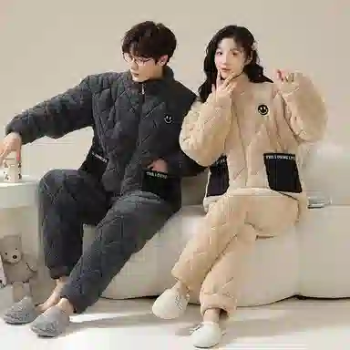 小情歌 暖洋洋的加厚珊瑚绒三层夹棉保暖睡衣男秋冬家居服男冬季长袖长裤男士女士高领超厚可外穿家居套装 情侣款 卡其色+黑色