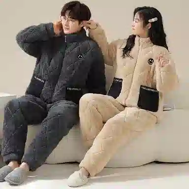 小情歌 暖洋洋的加厚珊瑚绒三层夹棉保暖睡衣男秋冬家居服男冬季长袖长裤男士女士高领超厚可外穿家居套装 情侣款 卡其色+黑色