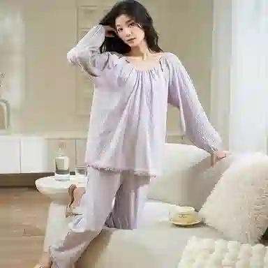 小情歌 家居服睡衣 纯棉睡衣女春秋季家居服女春秋款长袖长裤宽松家居套装设计 女款 浅紫色