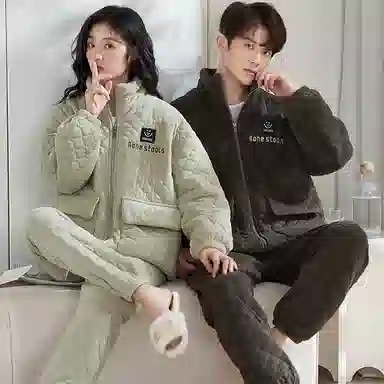 小情歌 糯叽叽的超厚珊瑚绒三层加厚夹棉保暖睡衣男秋冬家居服女冬季长袖长裤女士男士高领可外穿家居套装 情侣款 灰绿色+黑色