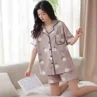 小情歌 家居服睡衣 短袖短裤睡衣女夏季家居服女夏款纯棉家居套装 水果图案设计 女款 粉色