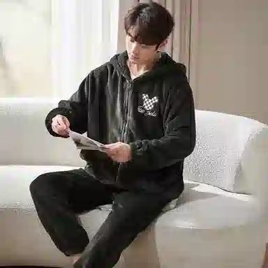 小情歌 家居服睡衣 珊瑚绒保暖睡衣男秋冬家居服男冬季长袖长裤男士连帽小熊耳朵家居套装 男款 黑色