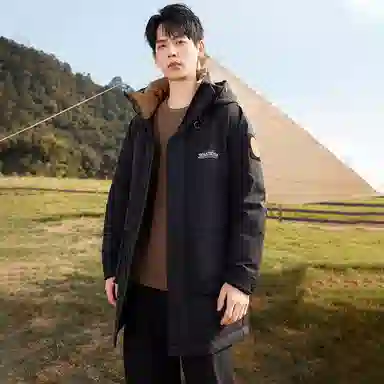 鸭鸭 工装风格纯色连帽大口袋情侣保暖通勤休闲中长款百搭羽绒服 男女同款