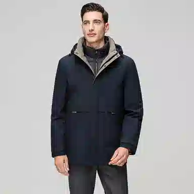 鸭鸭 三合一系列 中老年纯色商务休闲可拆卸帽短款户外防风保暖厚款羽绒服外套 男