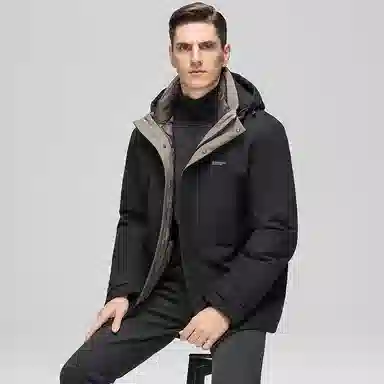 鸭鸭 三合一系列 中老年纯色商务休闲可拆卸帽短款户外防风保暖厚款羽绒服外套 男