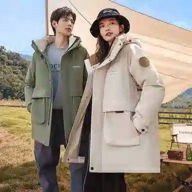 鸭鸭 工装风格纯色连帽大口袋情侣保暖通勤休闲中长款百搭羽绒服 男女同款