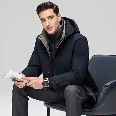 鸭鸭 三合一系列 中老年纯色商务休闲可拆卸帽短款户外防风保暖厚款羽绒服外套 男