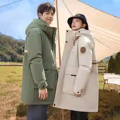 鸭鸭 工装风格纯色连帽大口袋情侣保暖通勤休闲中长款百搭羽绒服 男女同款