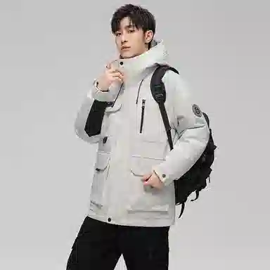鸭鸭 紫钻系列 中青年时尚韩版潮流连帽厚款冬季外套户外防风防寒保暖中短款多口袋工装风羽绒服 男女同款