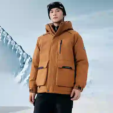 鸭鸭 户外工装系列 连帽保暖休闲防风情侣纯色徽章时尚羽绒服 男女同款