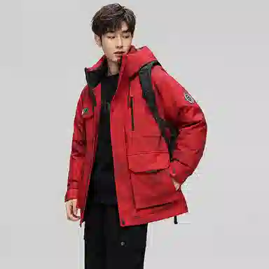 鸭鸭 紫钻系列 中青年时尚韩版潮流连帽厚款冬季外套户外防风防寒保暖中短款多口袋工装风羽绒服 男女同款