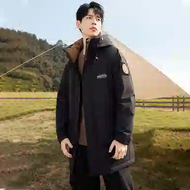 鸭鸭 工装风格纯色连帽大口袋情侣保暖通勤休闲中长款百搭羽绒服 男女同款