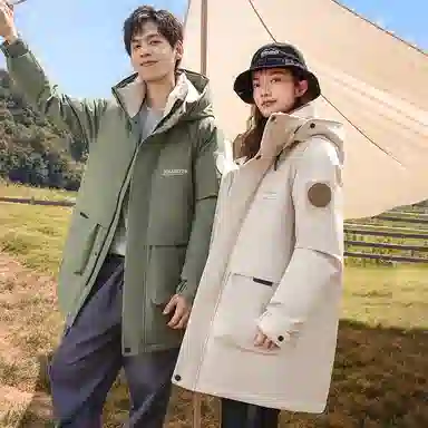 鸭鸭 工装风格纯色连帽大口袋情侣保暖通勤休闲中长款百搭羽绒服 男女同款