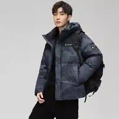鸭鸭 青年时尚韩版潮流短款连帽户外运动休闲百搭防寒保暖迷彩面包羽绒服 男女同款