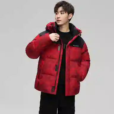 鸭鸭 青年时尚韩版潮流短款连帽户外运动休闲百搭防寒保暖迷彩面包羽绒服 男女同款