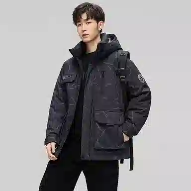 鸭鸭 紫钻系列 中青年时尚韩版潮流连帽厚款冬季外套户外防风防寒保暖中短款多口袋工装风羽绒服 男女同款