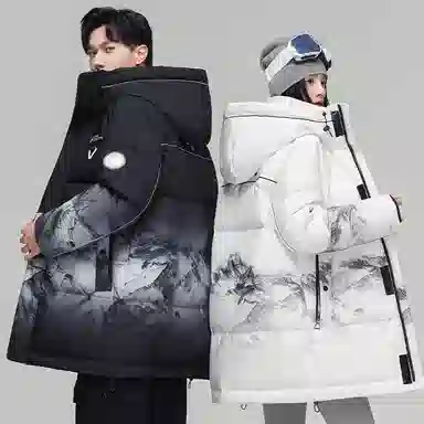 鸭鸭 雪山渐变迷彩系列 情侣中长款户外保暖连帽韩版休闲宽松潮流羽绒服 男女同款