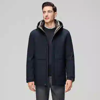 鸭鸭 三合一系列 中老年纯色商务休闲可拆卸帽短款户外防风保暖厚款羽绒服外套 男