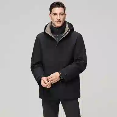 鸭鸭 三合一系列 中老年纯色商务休闲可拆卸帽短款户外防风保暖厚款羽绒服外套 男