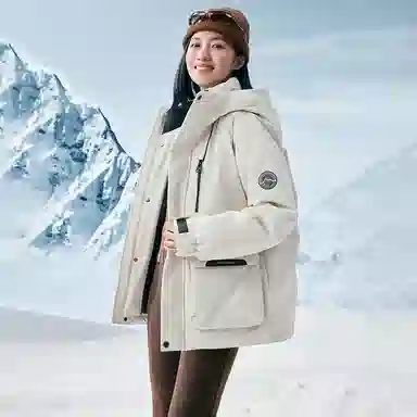 鸭鸭 户外工装系列 连帽保暖休闲防风情侣纯色徽章时尚羽绒服 男女同款