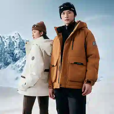 鸭鸭 户外工装系列 连帽保暖休闲防风情侣纯色徽章时尚羽绒服 男女同款