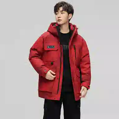 鸭鸭 紫钻系列 中青年时尚韩版潮流连帽厚款冬季外套户外防风防寒保暖中短款多口袋工装风羽绒服 男女同款