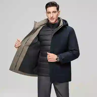 鸭鸭 三合一系列 中老年纯色商务休闲可拆卸帽短款户外防风保暖厚款羽绒服外套 男