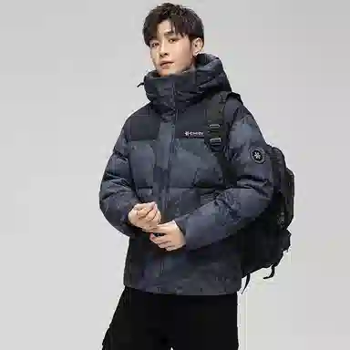 鸭鸭 青年时尚韩版潮流短款连帽户外运动休闲百搭防寒保暖迷彩面包羽绒服 男女同款