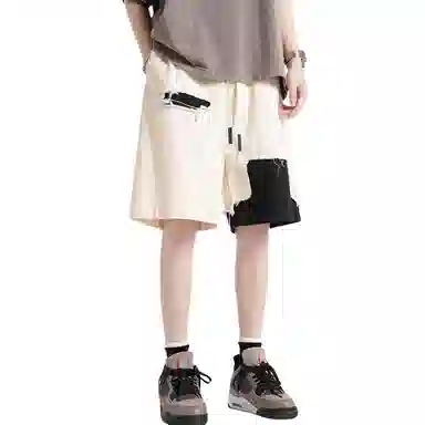 玉儿恋 美式复古高街潮流风居家户外日常时尚百搭假两件拼接破洞设计感小众五分休闲短裤 男女同款