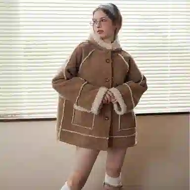 佐贝卡 皮毛一体连帽加绒加厚毛毛麂皮大衣 女款