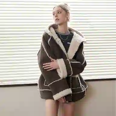 佐贝卡 皮毛一体连帽加绒加厚毛毛麂皮大衣 女款