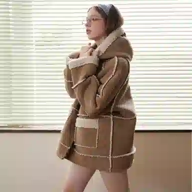 佐贝卡 皮毛一体连帽加绒加厚毛毛麂皮大衣 女款