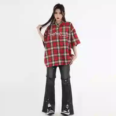 佐贝卡 格子字母刺绣长袖衬衫 女款