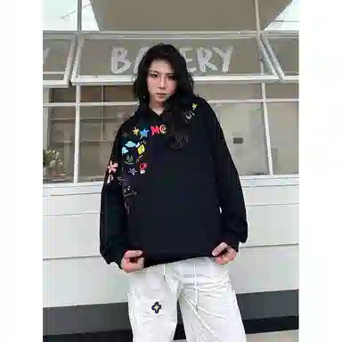 悍戈 趣味搞怪美式复古涂鸦印花连帽高品质重磅上衣卫衣 男女同款