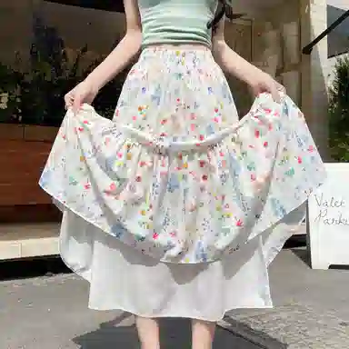 轻迎 法式甜美七色花蛋糕裙女夏季高腰遮肉碎花半身裙冰丝中休闲长裙 女款