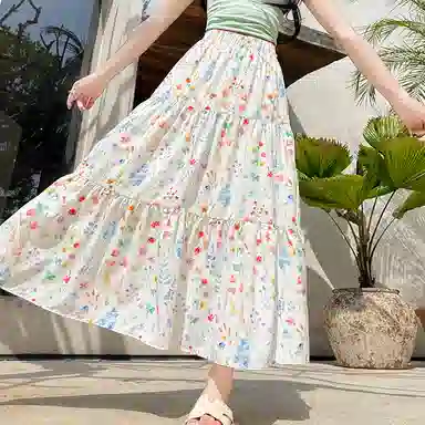 轻迎 法式甜美七色花蛋糕裙女夏季高腰遮肉碎花半身裙冰丝中休闲长裙 女款