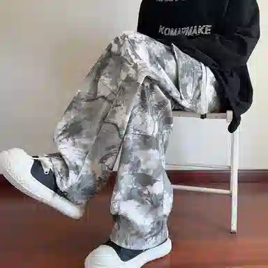 美式复古高街迷彩扎染多口袋工装裤子直筒系带潮牌宽松阔腿休闲裤 男女同款