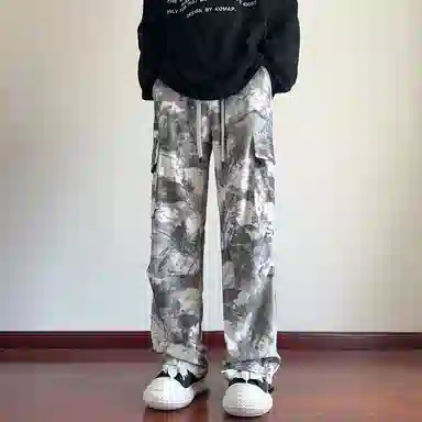 美式复古高街迷彩扎染多口袋工装裤子直筒系带潮牌宽松阔腿休闲裤 男女同款