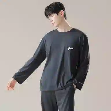 鸭鸭 舒适柔软透气圆领长袖可外穿简约套头上衣松紧腰长裤睡衣套装 男款 岩灰