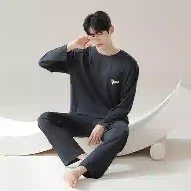 鸭鸭 舒适柔软透气圆领长袖可外穿简约套头上衣松紧腰长裤睡衣套装 男款 岩灰