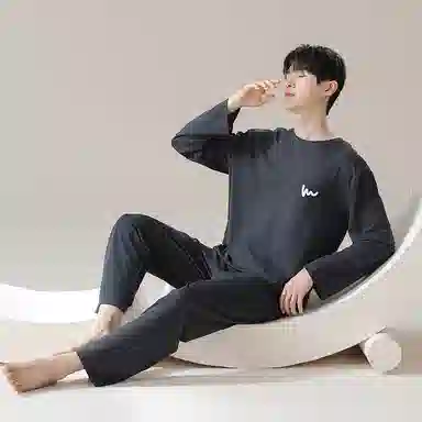 鸭鸭 舒适柔软透气圆领长袖可外穿简约套头上衣松紧腰长裤睡衣套装 男款 岩灰