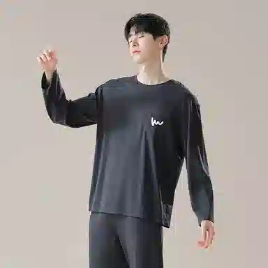 鸭鸭 舒适柔软透气圆领长袖可外穿简约套头上衣松紧腰长裤睡衣套装 男款 岩灰