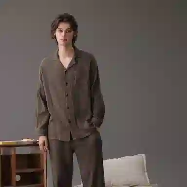 鸭鸭 亲肤休闲长袖舒适简约长裤睡衣套装 男款 深棕色