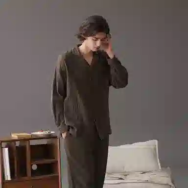 鸭鸭 亲肤休闲长袖舒适简约长裤睡衣套装 男款 深棕色