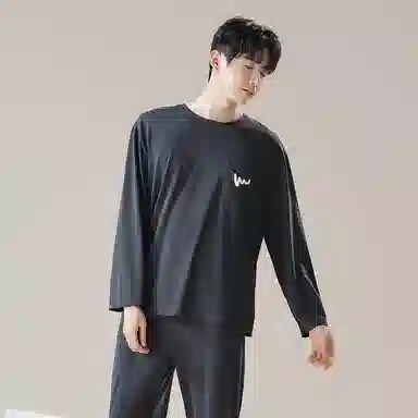 鸭鸭 舒适柔软透气圆领长袖可外穿简约套头上衣松紧腰长裤睡衣套装 男款 岩灰