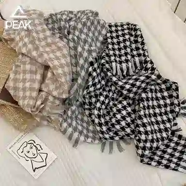 匹克 经典流苏千鸟格撞色 英伦风渐变秋冬季加厚防寒保暖 聚酯纤维 绒线围巾 男女同款情侣款