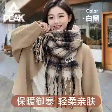 匹克 秋冬高颜值千鸟格流苏亲肤软糯英伦风加厚保暖 聚酯纤维 绒线围巾 男女同款情侣款